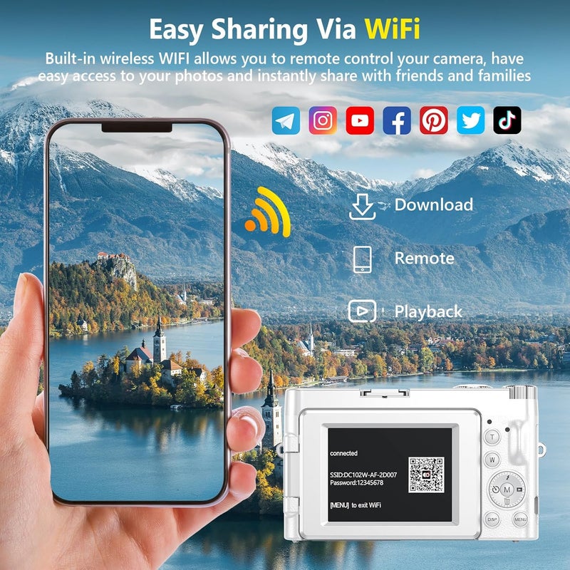 TEFTYMON 4K Digital Camera for Photography Autofocus, 64MP WiFi Vlogging Camera for YouTube with 2 Batteries, SD Card, 3" 180°Flip Screen Selfie Compact Travel Camera for Teens with 16X Zoom, Anti-Shake, White - Image 4
